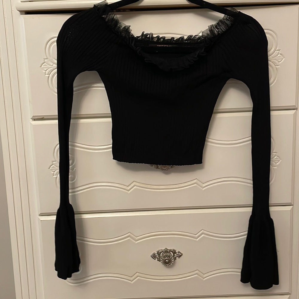 Off the shoulder cropped black knit top